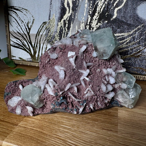 Green Tint Apophyllite with Calcite on Chocolate Chalcedony - Crystals & Reiki