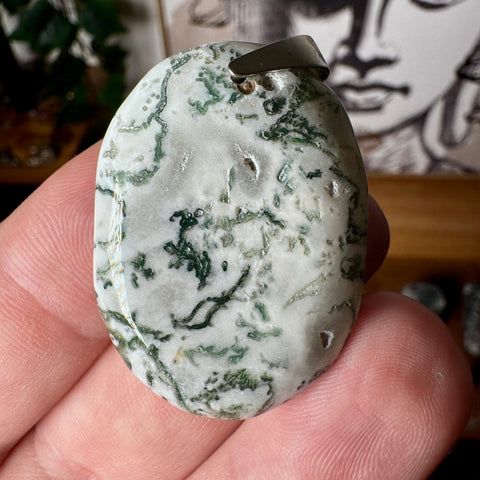 Oval Tree Agate Pendant with Sterling Silver - Crystals & Reiki