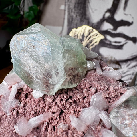 Green Tint Apophyllite with Calcite on Chocolate Chalcedony - Crystals & Reiki