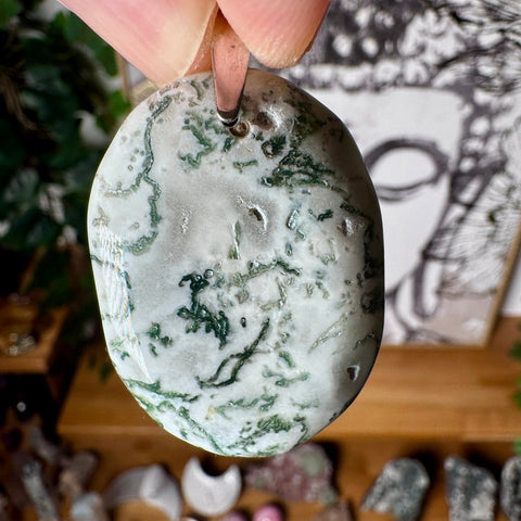 Oval Tree Agate Pendant with Sterling Silver - Crystals & Reiki