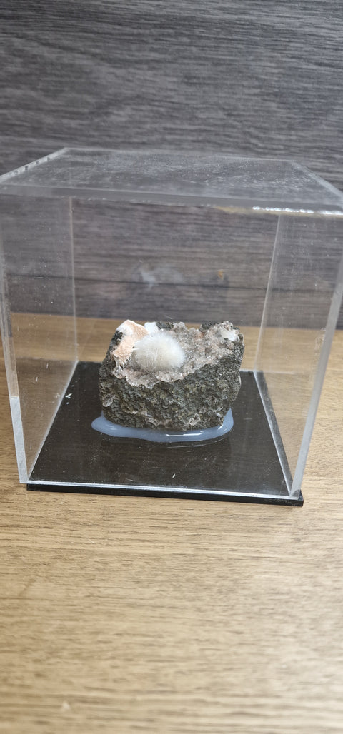 Mesolite on Black Sparkling Chalcedony in Display Cases