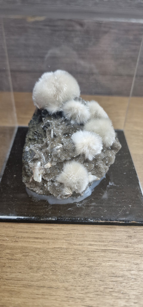 Mesolite on Black Sparkling Chalcedony in Display Cases