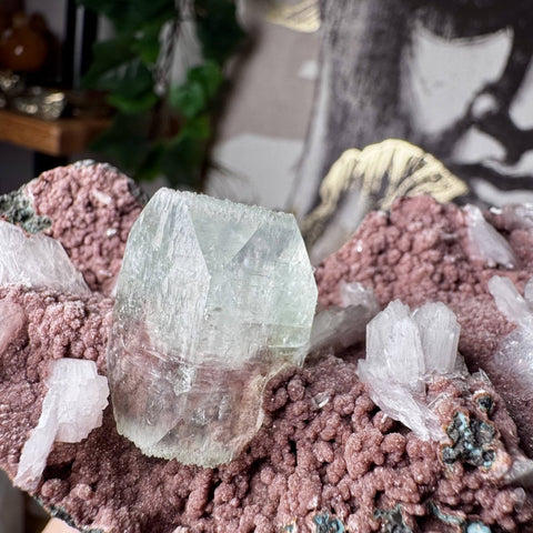 Green Tint Apophyllite with Calcite on Chocolate Chalcedony - Crystals & Reiki