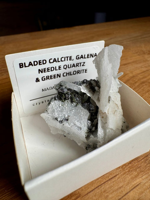 Bladed Calcite with Needle Quartz, Galena & Chlorite – Madan - Crystals & Reiki