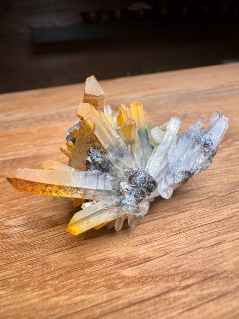 Golden Quartz Cluster with Galena & Limonite/Goethite Coating – Madan - Crystals & Reiki