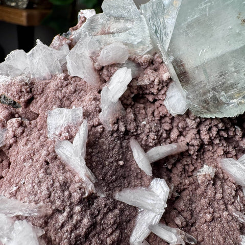 Green Tint Apophyllite with Calcite on Chocolate Chalcedony - Crystals & Reiki