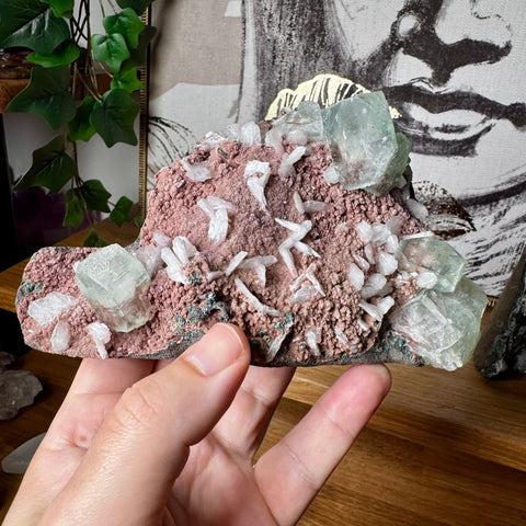 Green Tint Apophyllite with Calcite on Chocolate Chalcedony - Crystals & Reiki