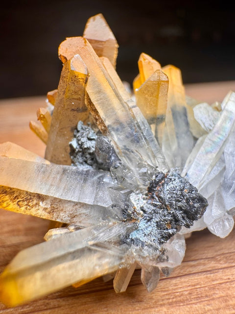 Golden Quartz Cluster with Galena & Limonite/Goethite Coating – Madan - Crystals & Reiki