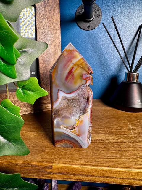 AA Grade Druzy Agate Tower with Clear Amethyst Point – Rare Orbicular Formation - Crystals & Reiki