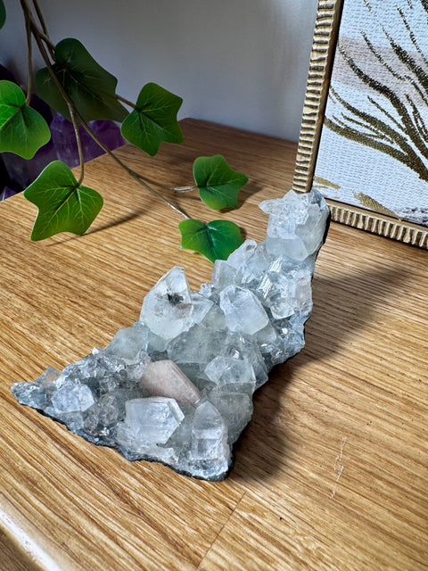 Apophyllite on Black Chalcedony with Peach Stilbite – Clarity & Gentle Love - Crystals & Reiki