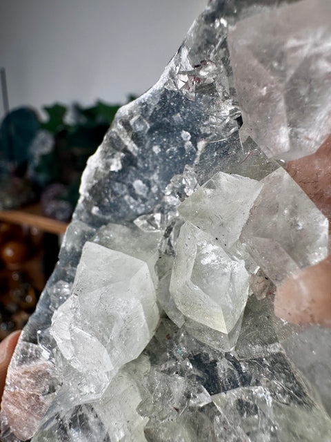 Apophyllite on Black Chalcedony with Peach Stilbite – Heart-Centred Divine Light - Crystals & Reiki