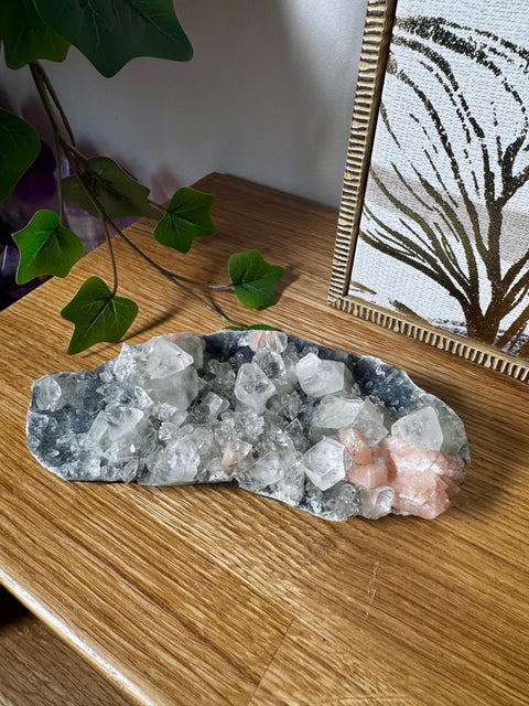 Apophyllite on Black Chalcedony with Peach Stilbite – Heart-Centred Divine Light - Crystals & Reiki