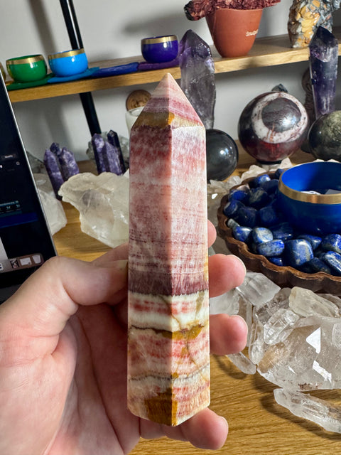 Banded Calcite Tower - Slight Chip on Point - Crystals & Reiki