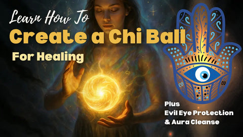 Person holding a glowing chi ball with text about creating a chi ball for healing, evil eye protection, and aura cleanse.