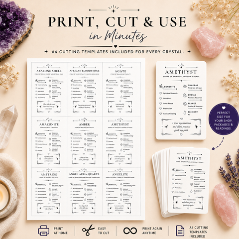 Crystal Benefits Library – Core Collection Part 1 | 150 Editable & Printable Crystal Benefit Cards