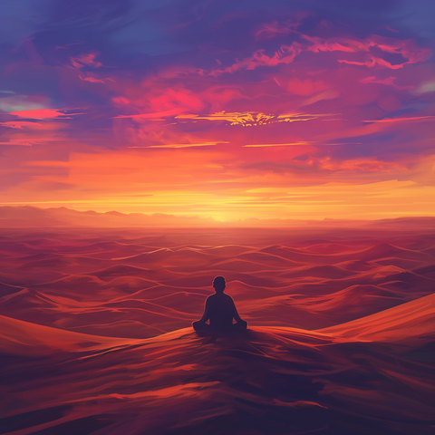 a man meditating in a desert at sunset