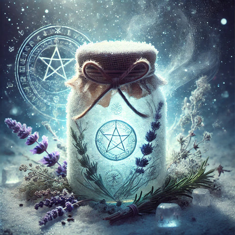 A frosted glass jar glowing with blue light, surrounded by herbs, representing a freezer spell for protection and stopping harm.