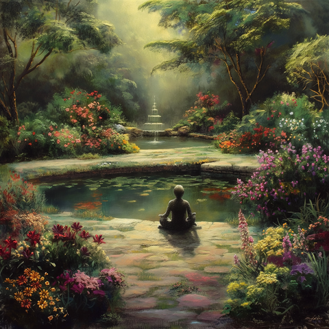 a person meditation in a serene garden with a pond