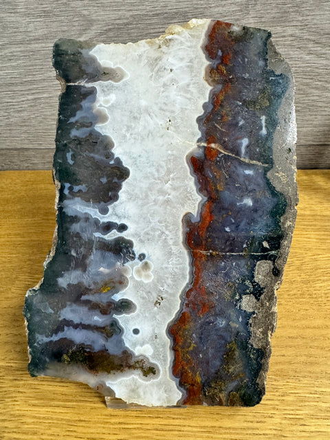 Rare Tri-Colour Purple, Green & Red Plume Agate Slices