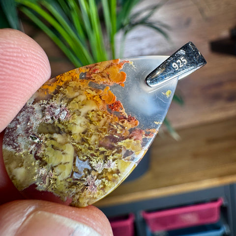 Deeply Coloured Plume Agate Pendant in 925 Sterling Silver