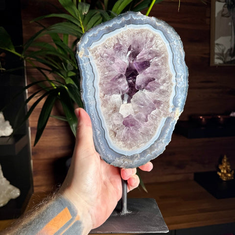 Amethyst Slice with Rainbows & Calcite on Stand | 3.2kg Masterpiece - Crystals & Reiki