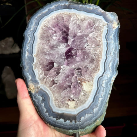 Amethyst Slice with Rainbows & Calcite on Stand | 3.2kg Masterpiece - Crystals & Reiki