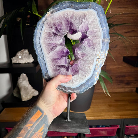 Amethyst Portal with Rainbows & Calcite on Stand | 4.25kg Monumental Specimen - Crystals & Reiki