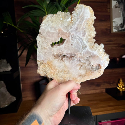 Pink Amethyst Druzy Slice with Portals on Stand | 2.56kg Nurturing Light - Crystals & Reiki