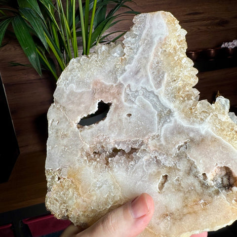 Pink Amethyst Druzy Slice with Portals on Stand | 2.56kg Nurturing Light - Crystals & Reiki