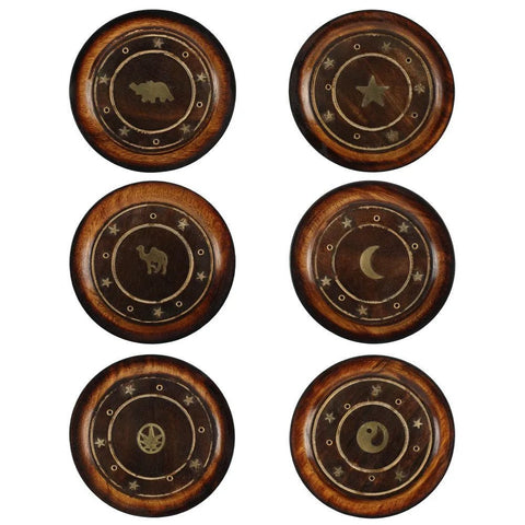 Mango Wood Round Plate Incense Holder with Brass Inlay - Various Designs - Crystals & Reiki