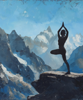 a lady standing on top of a mountain in a yoga pose