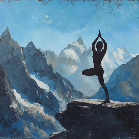 a lady standing on top of a mountain in a yoga pose