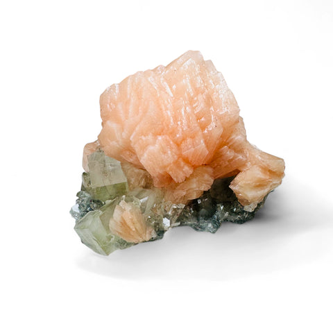 Green Tinted Diamond Apophyllite & Peach Stilbite on Chalcedony : Jalgaon Mines Rarity - Crystals & Reiki