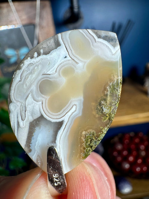 Plume Agate & Clear Amethyst Pendant 2 – Rare Orbicular Design - Crystals & Reiki