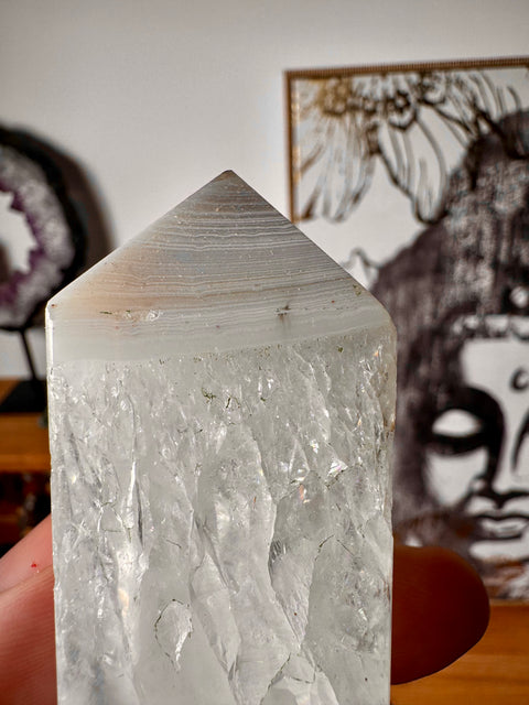 Quartz with Banded Agate Tower – Strength in Stillness – 344g - Crystals & Reiki