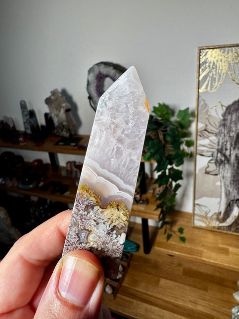 Rare Plume Agate & Amethyst Obelisk - Balances Earth and Spirit - Crystals & Reiki