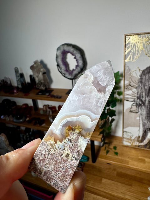 Rare Plume Agate & Amethyst Obelisk - Balances Earth and Spirit - Crystals & Reiki