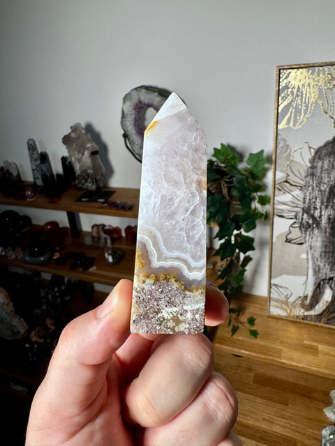 Rare Plume Agate & Amethyst Obelisk - Balances Earth and Spirit - Crystals & Reiki