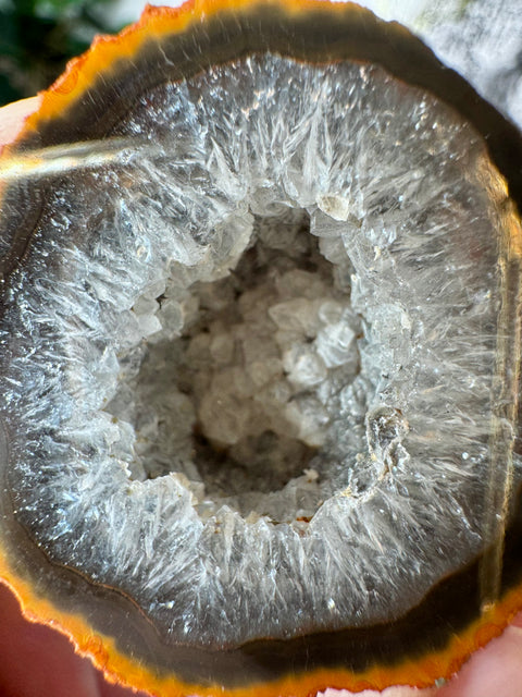 Warring States Agate Geode with Clear Druzy Quartz and Fiery Banding for Protection and Spiritual Awakening - Crystals & Reiki