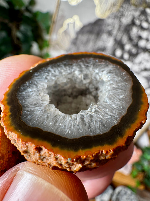 Warring States Agate Geode with Clear Druzy Quartz and Fiery Banding for Protection and Spiritual Awakening - Crystals & Reiki