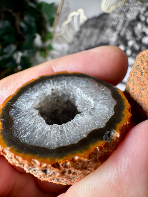 Warring States Agate Geode with Clear Druzy Quartz and Fiery Banding for Protection and Spiritual Awakening - Crystals & Reiki