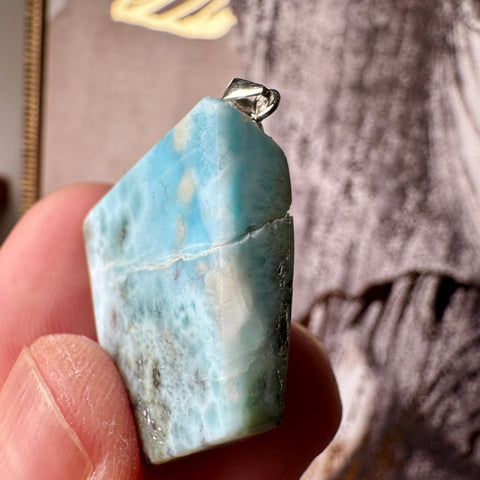 Genuine Larimar Pendant 13.26g with 925 Sterling Silver Hoop - Crystals & Reiki