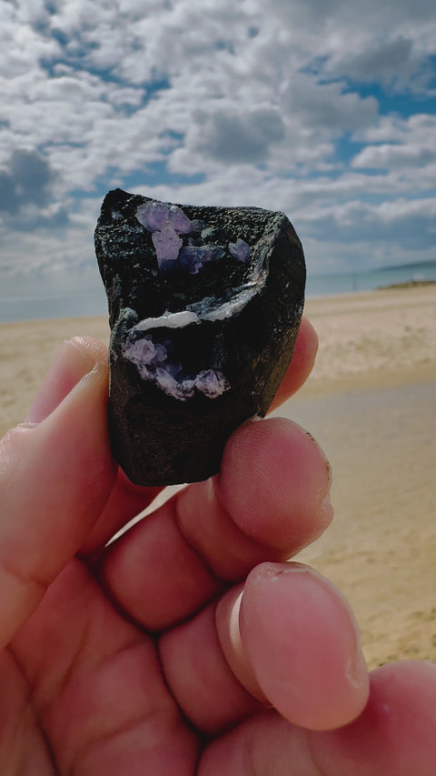 Rare Lilac Amethyst on Sparkling Black Chalcedony with Calcite
