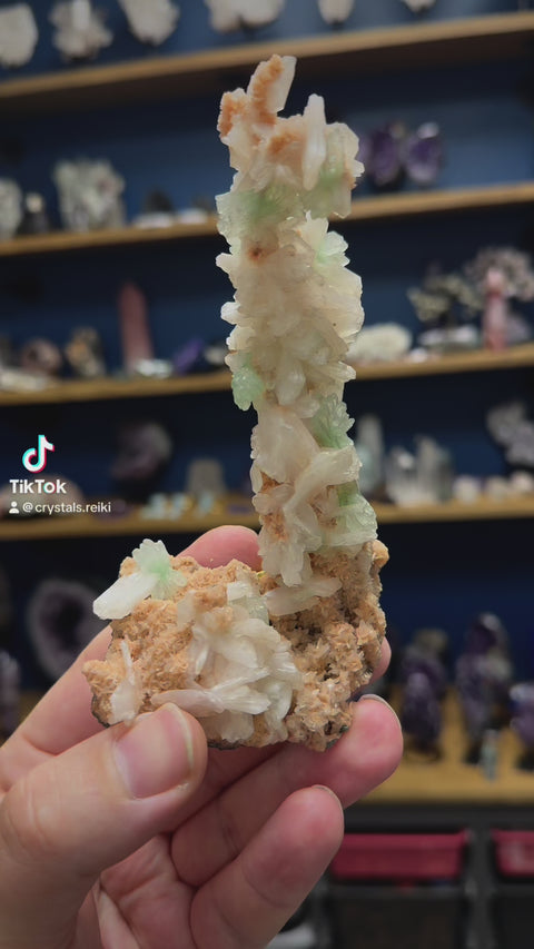 Green Apophyllite Flowers with Stilbite on Orange Heulandite