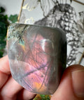 Rare Pink Labradorite freeform crystal with purple patterns, orange flash, and green shimmer – Crystals & Reiki.