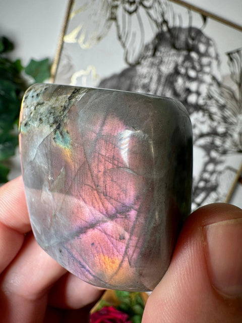 Rare Pink Labradorite freeform crystal with purple patterns, orange flash, and green shimmer – Crystals & Reiki.