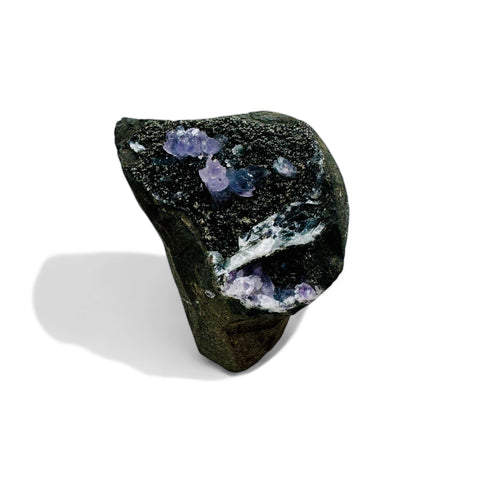 Rare Lilac Amethyst on Sparkling Black Chalcedony with Calcite - Crystals & Reiki